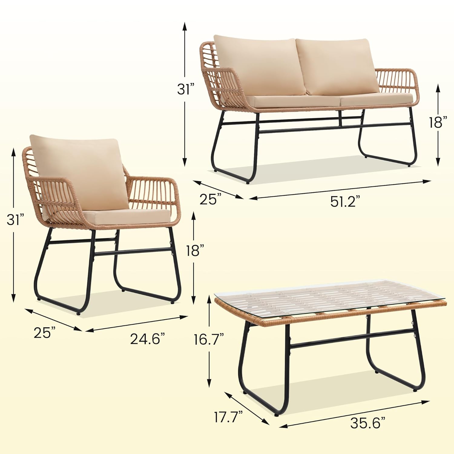 o*-4ピースパティオビストロ屋外家具セット、籐製ソファ、籐 - Outdoor Furniture Ofo のレビューと価格