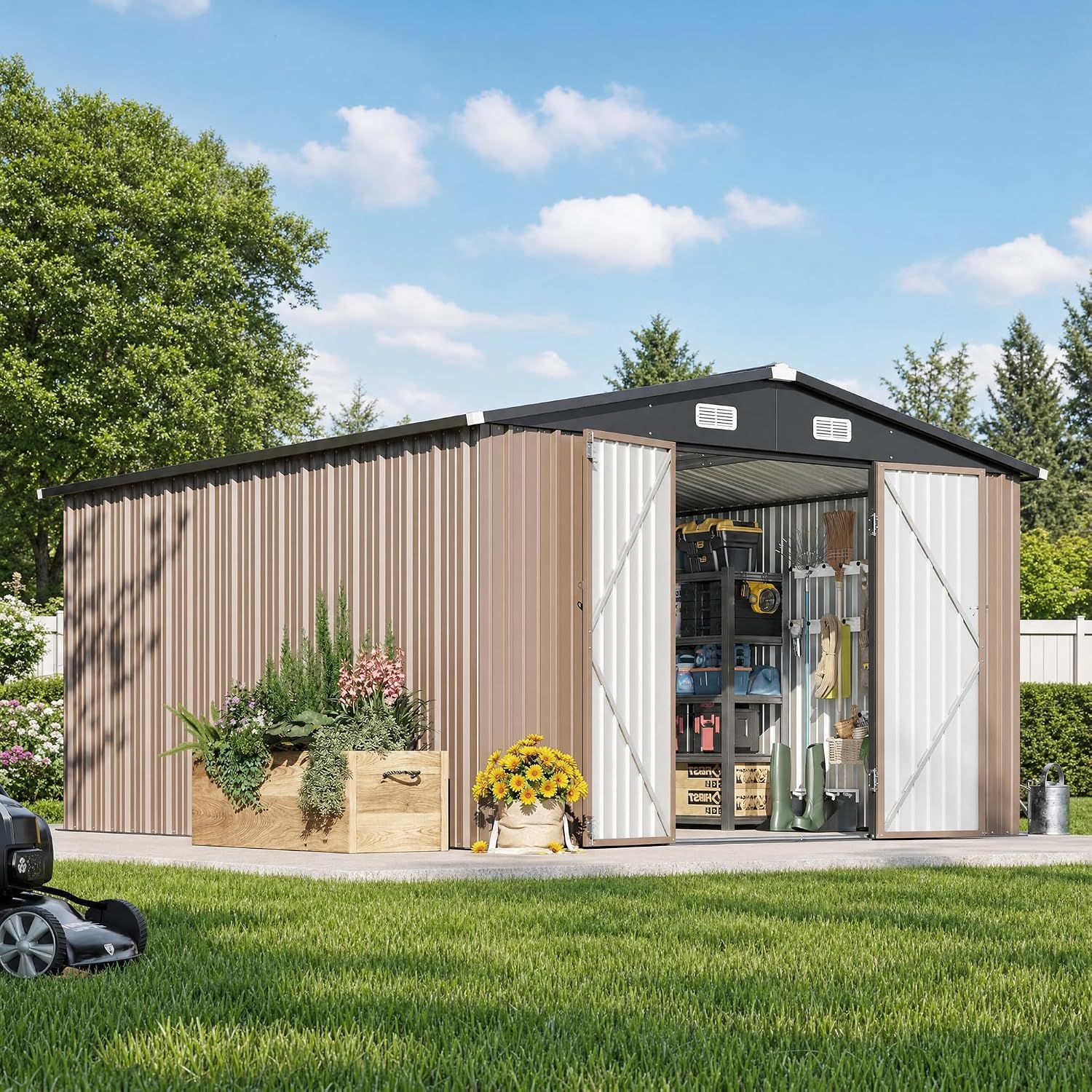 12 x 10フィートの屋外収納庫、両開き大型ドア付き、ブラ - Outdoor Furniture Metal のレビューと価格