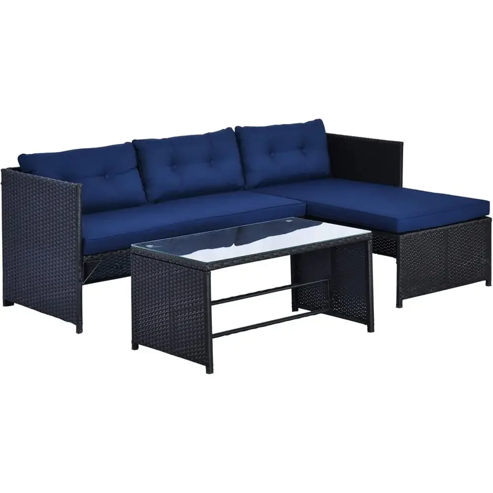 青いL字型ラタン屋外ソファセット、長椅子、二人掛けソファ、強 - Rattan Lounge Set のレビューと価格
