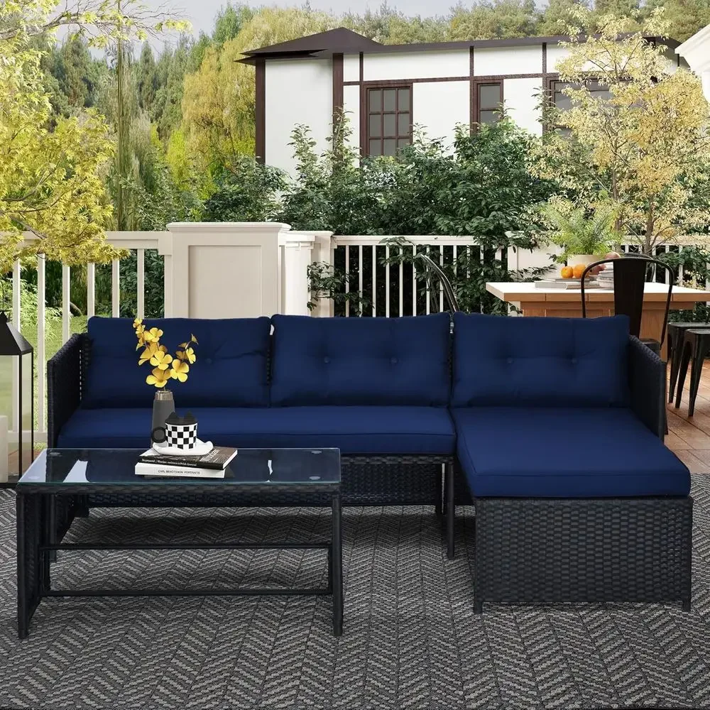 青いL字型ラタン屋外ソファセット、長椅子、二人掛けソファ、強 - Rattan Lounge Set のレビューと価格