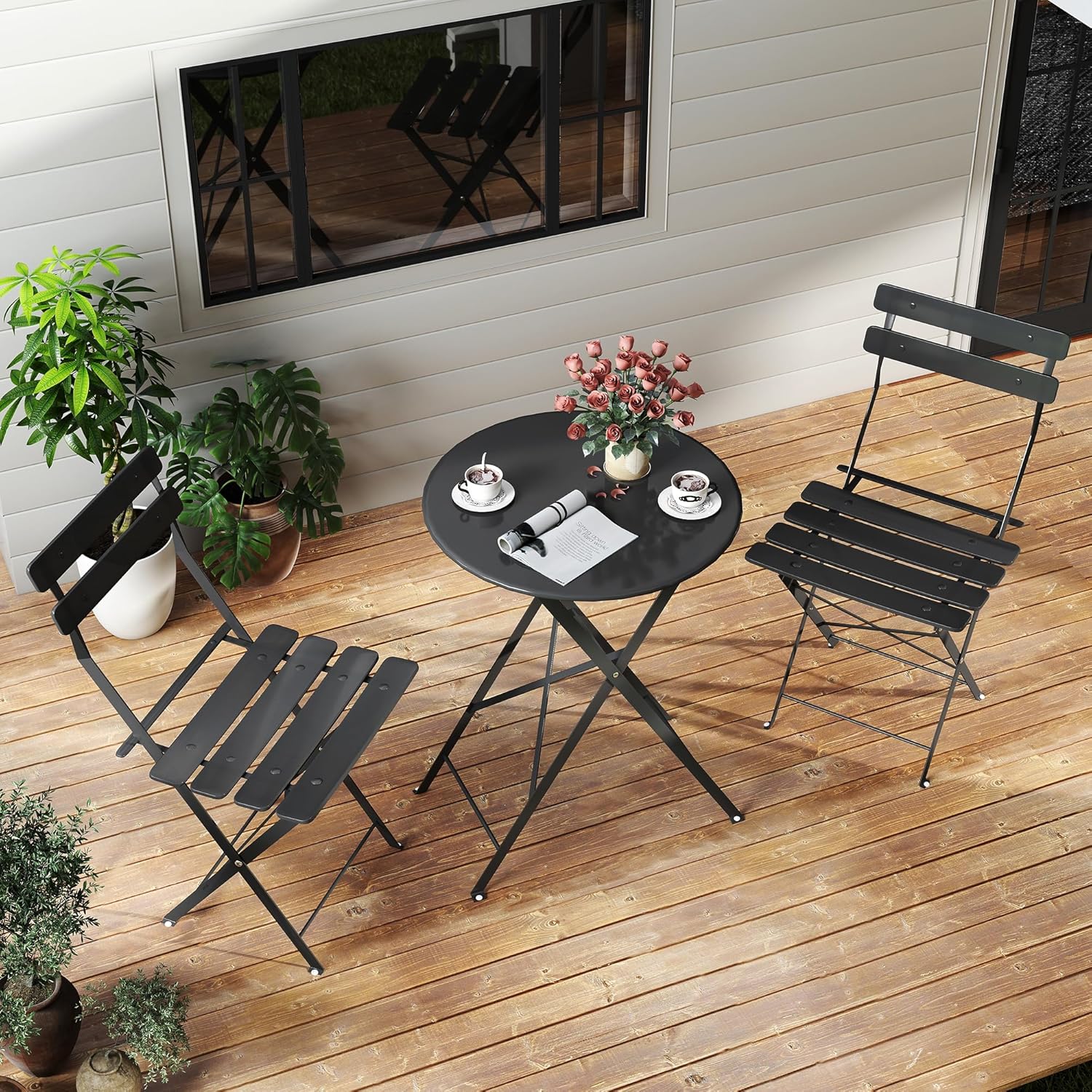 省スペースの黒色の3ピース折りたたみ式屋外ビストロセット。折 - Outdoor Furniture Balcony のレビューと価格