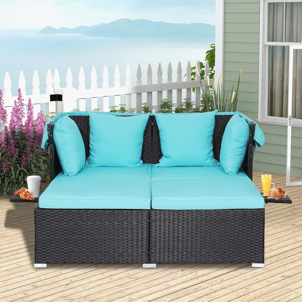屋外用デイベッド、2人用籐製パティオソファ（格納式クッション - Outdoor Furniture Ofo のレビューと価格
