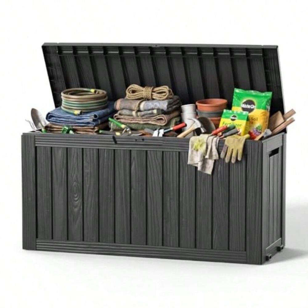 90ガロン屋外デッキボックス 防水ロック式収納ボックス（車輪 - Outdoor Furniture Black のレビューと価格