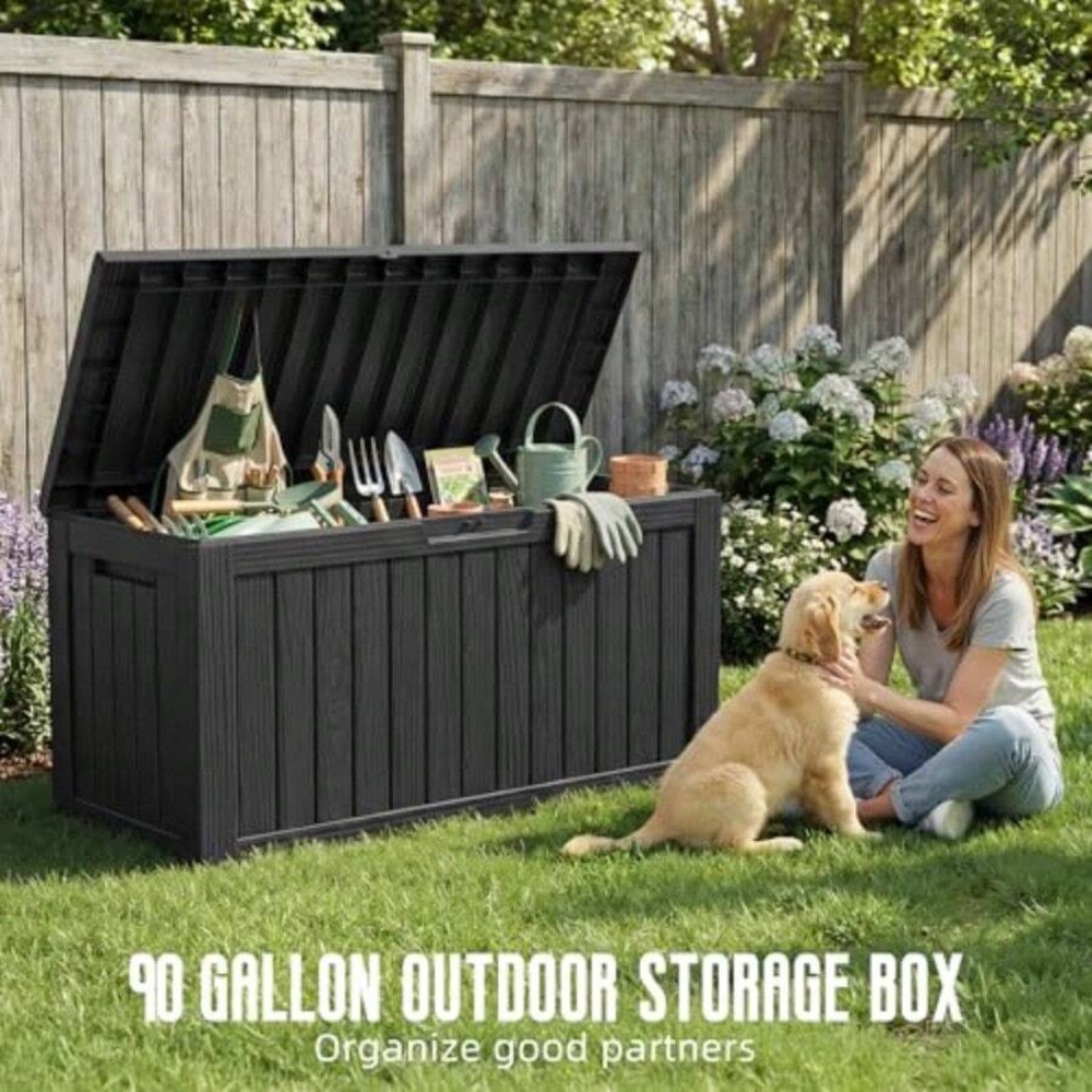 90ガロン屋外デッキボックス 防水ロック式収納ボックス（車輪 - Outdoor Furniture Black のレビューと価格