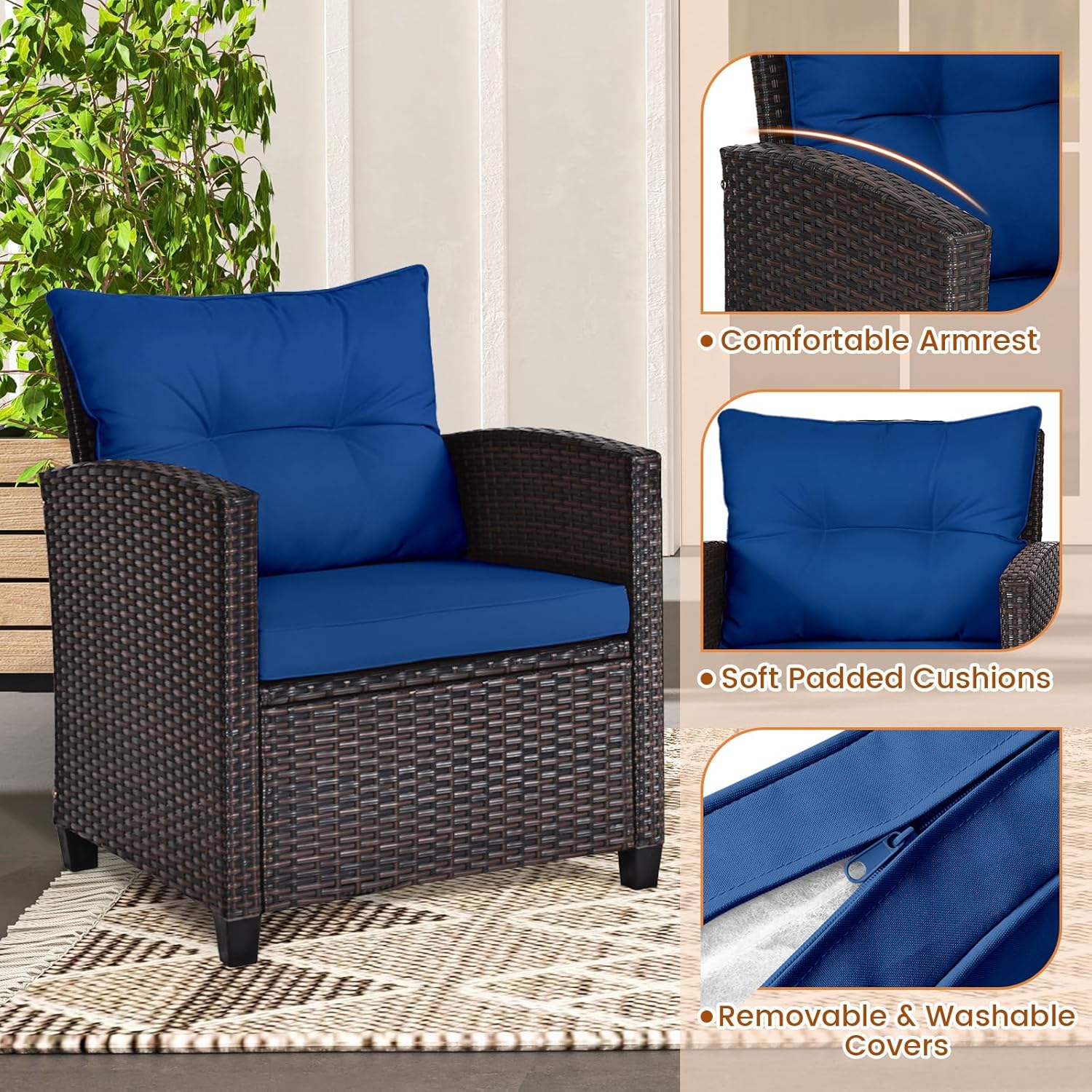 ネイビーブルーの籐製ウィッカー3ピース屋外ビストロセット、ク - Outdoor Furniture Balcony のレビューと価格