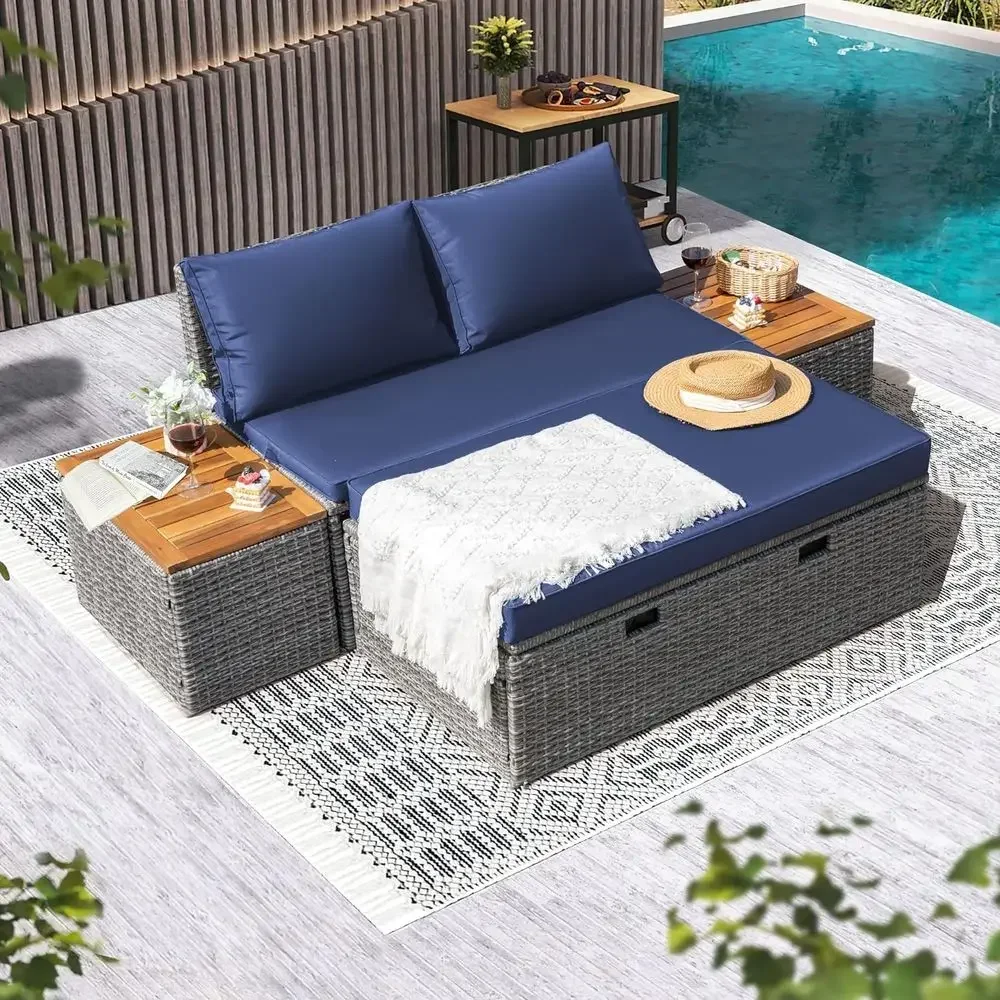 ネイビーブルーの屋外パティオ用デイベッドセット、ラタン製ラウ - Rattan Lounge Set のレビューと価格