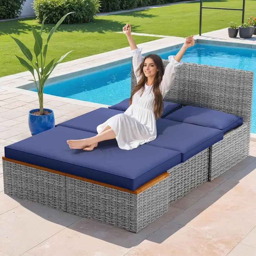 ネイビーブルーの屋外パティオ用デイベッドセット、ラタン製ラウ - Rattan Lounge Set のレビューと価格