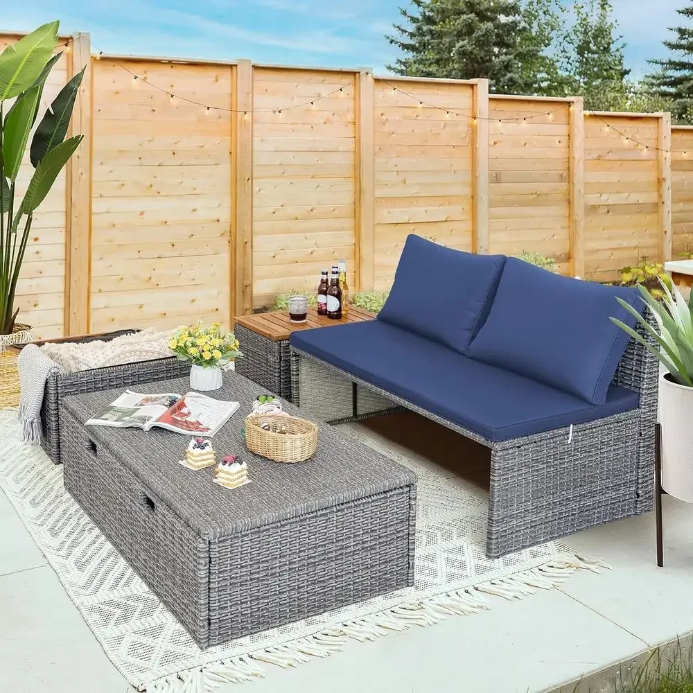 ネイビーブルーの屋外パティオ用デイベッドセット、ラタン製ラウ - Rattan Lounge Set のレビューと価格